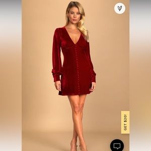 Wine Red Velvet Long Sleeve Button-Up Mini Dress